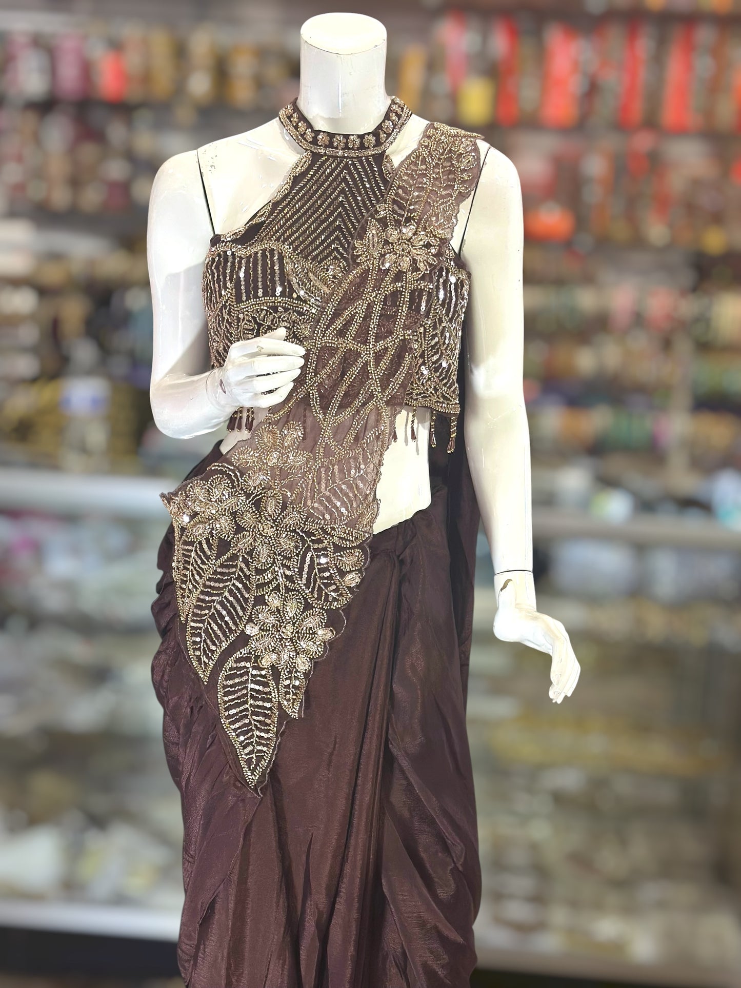 Chocolate Brown shade Ready to wear saree with Beads work