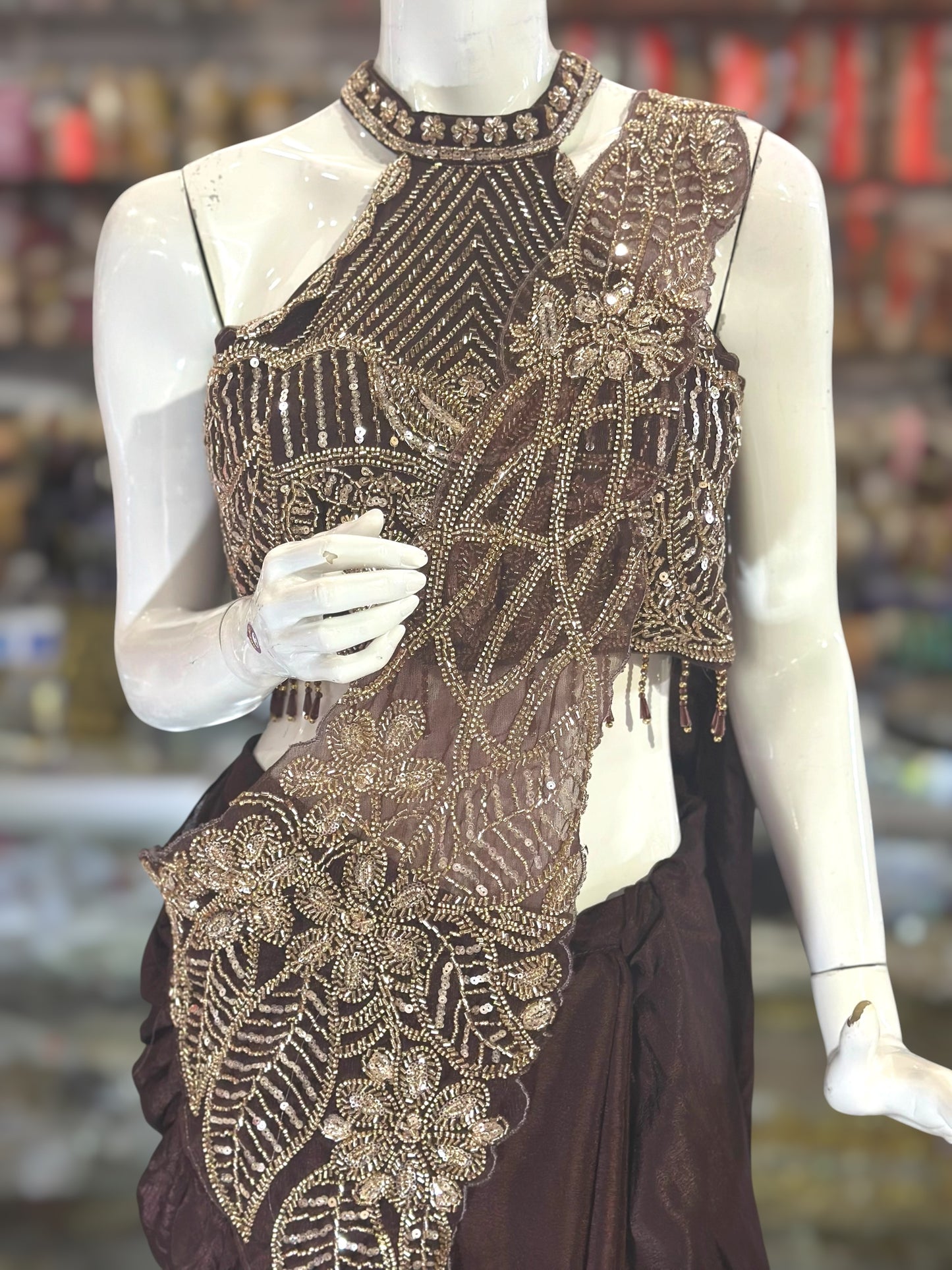 Chocolate Brown shade Ready to wear saree with Beads work
