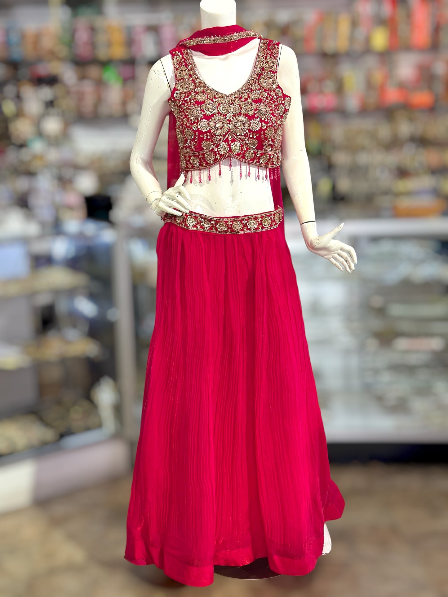 Hot Pink color crop top Lehenga