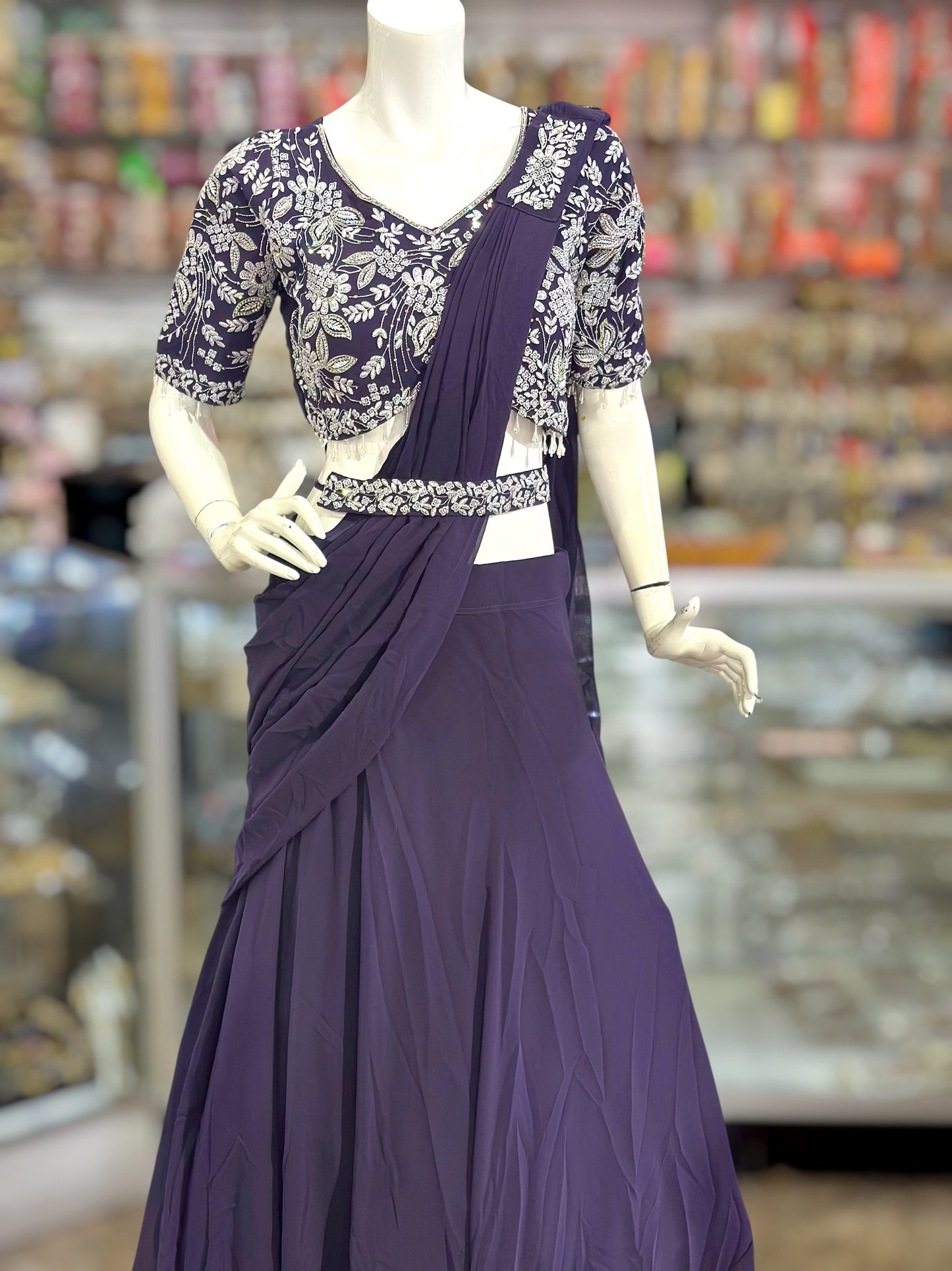 Purple color Green & Pink crop top Lehenga