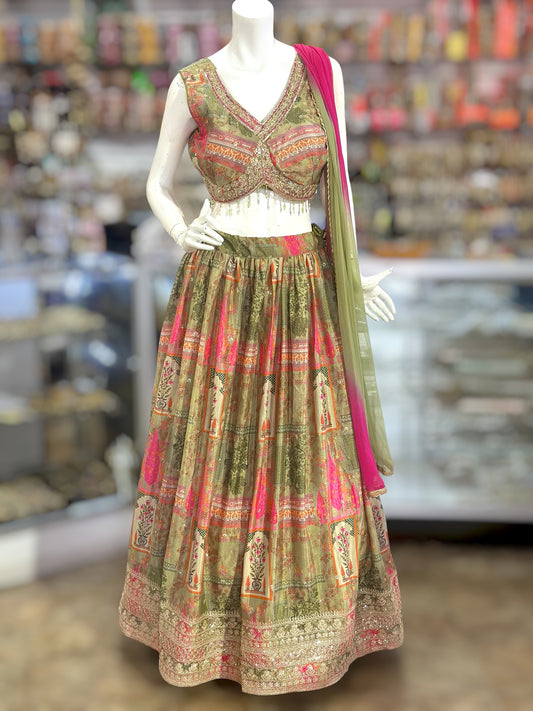 Multi color Green & Pink crop top Lehenga
