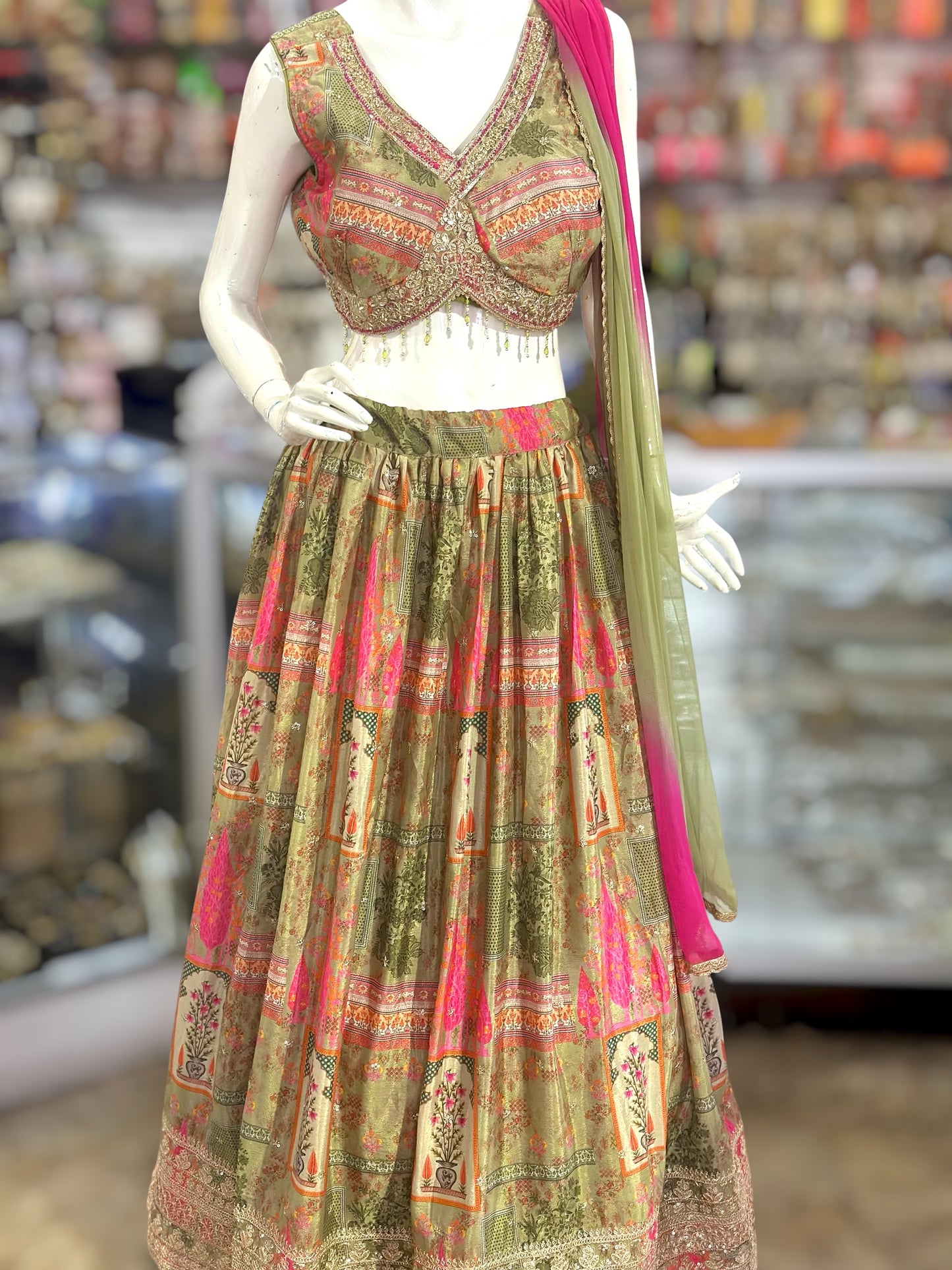 Multi color Green & Pink crop top Lehenga