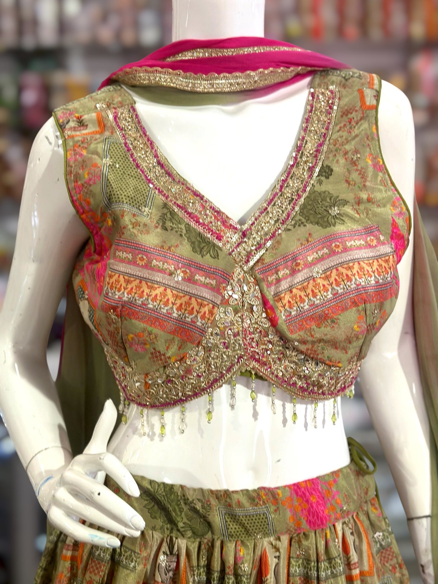 Multi color Green & Pink crop top Lehenga