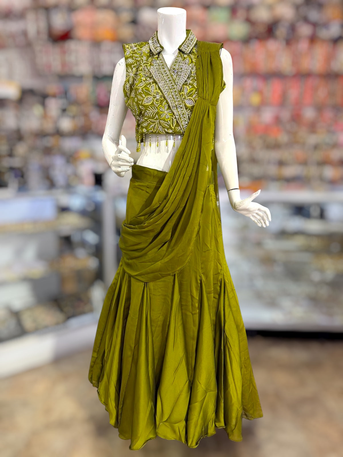 Mehendi Green color crop top Lehenga