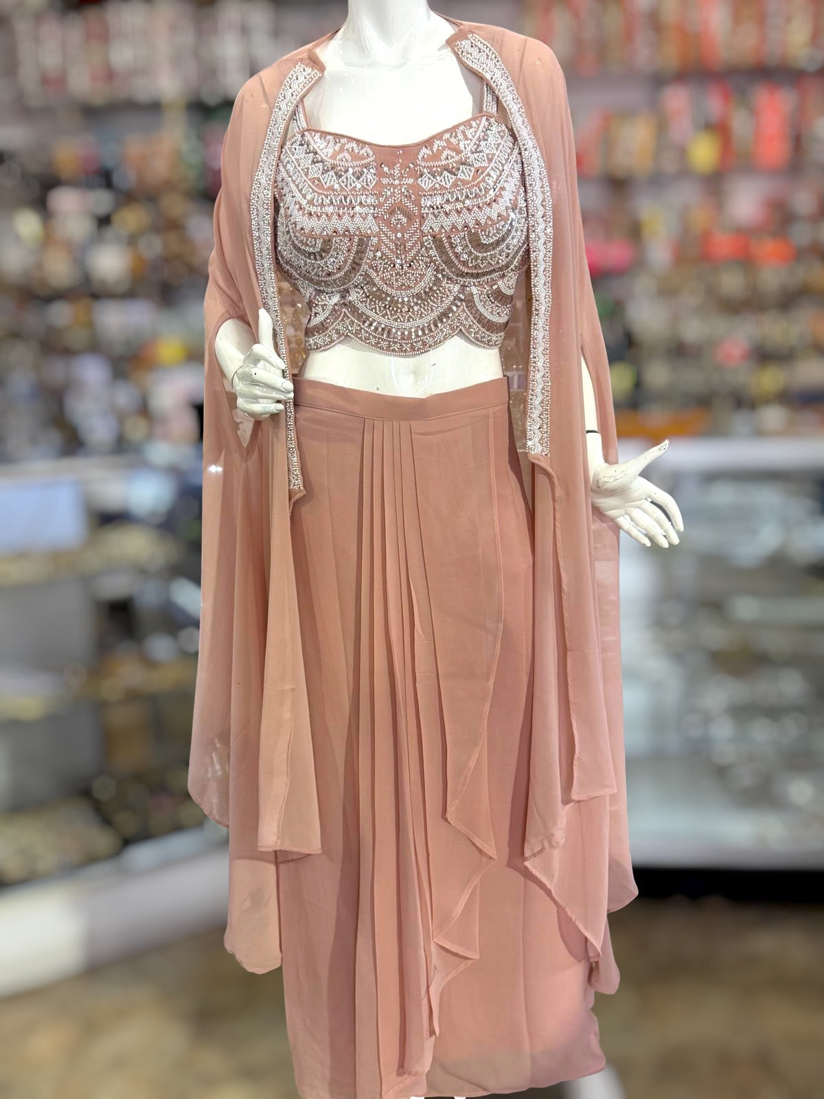 Peach color Indo Western cape set