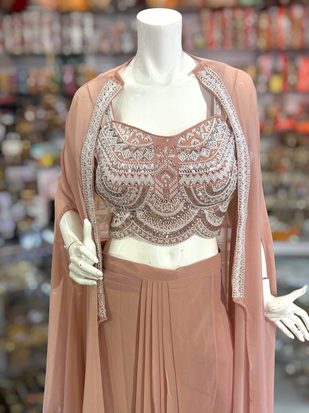 Peach color Indo Western cape set
