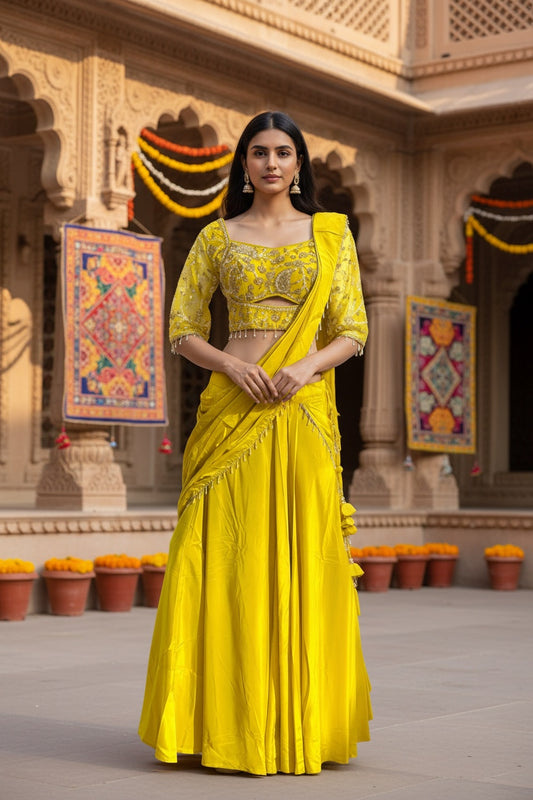 Yellow color crop top Lehenga with attach Dupata