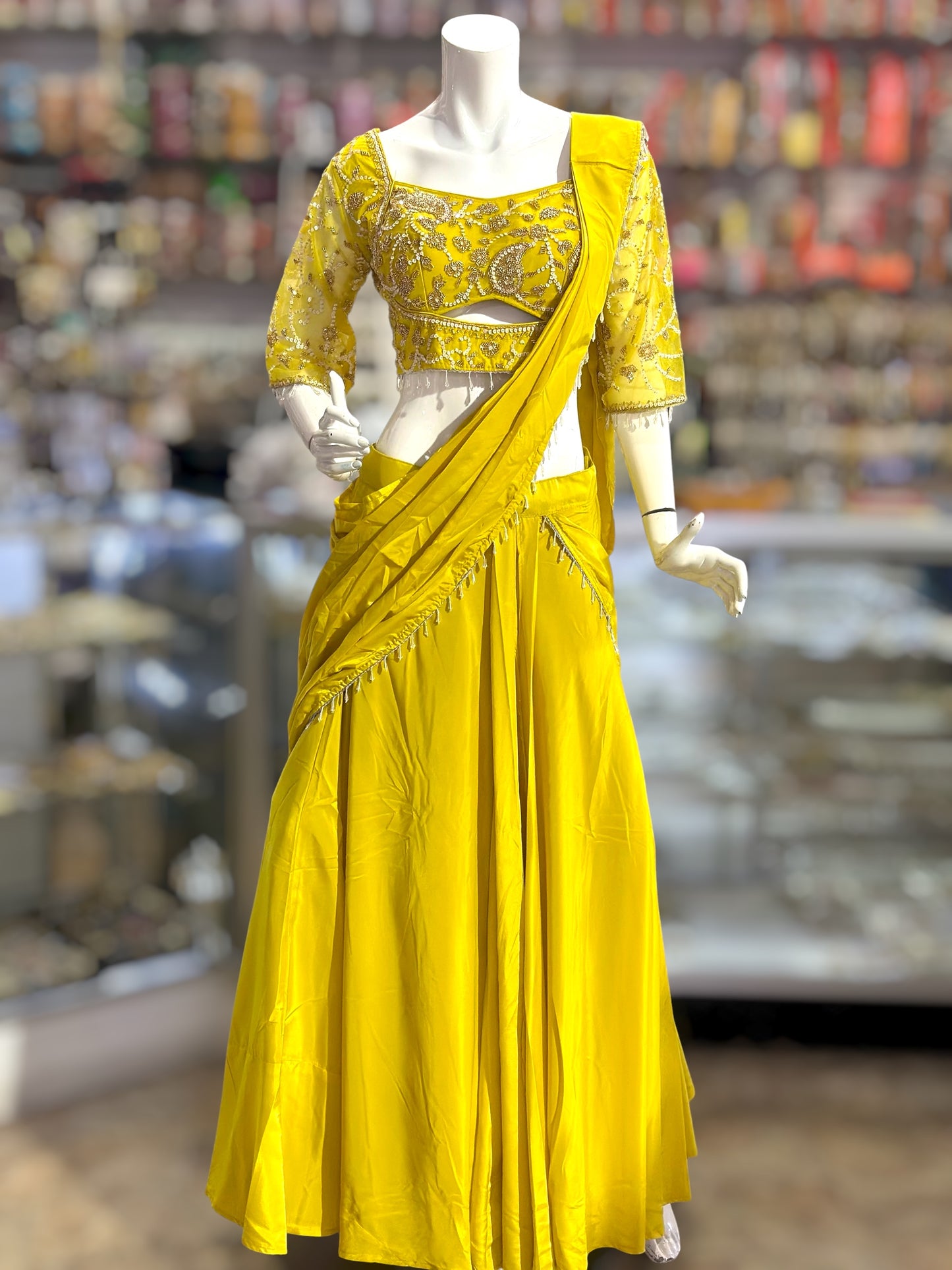 Yellow color crop top Lehenga with attach Dupata