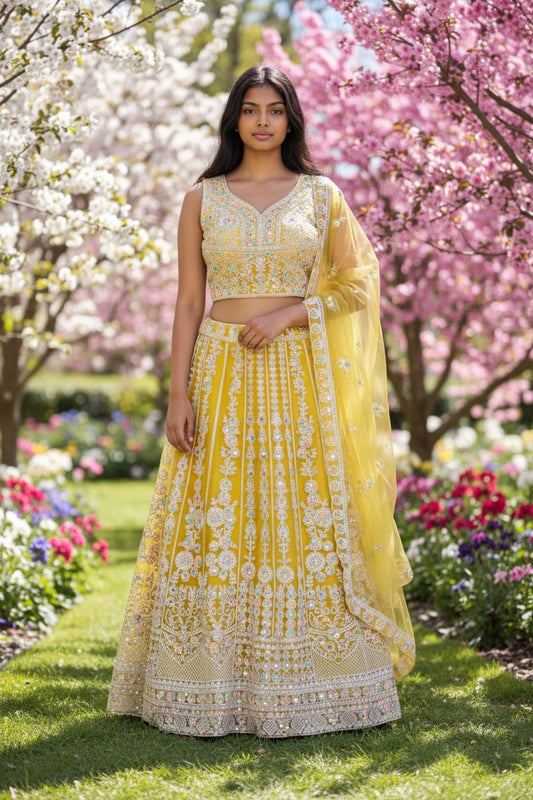 Yellow  color lehenga with gold thread work