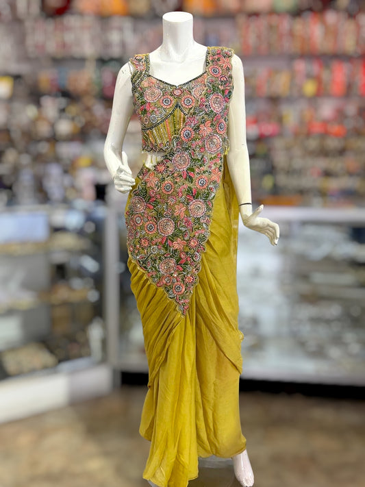 Beautiful Parrot Green with Multi Thread and store work ready to wear saree