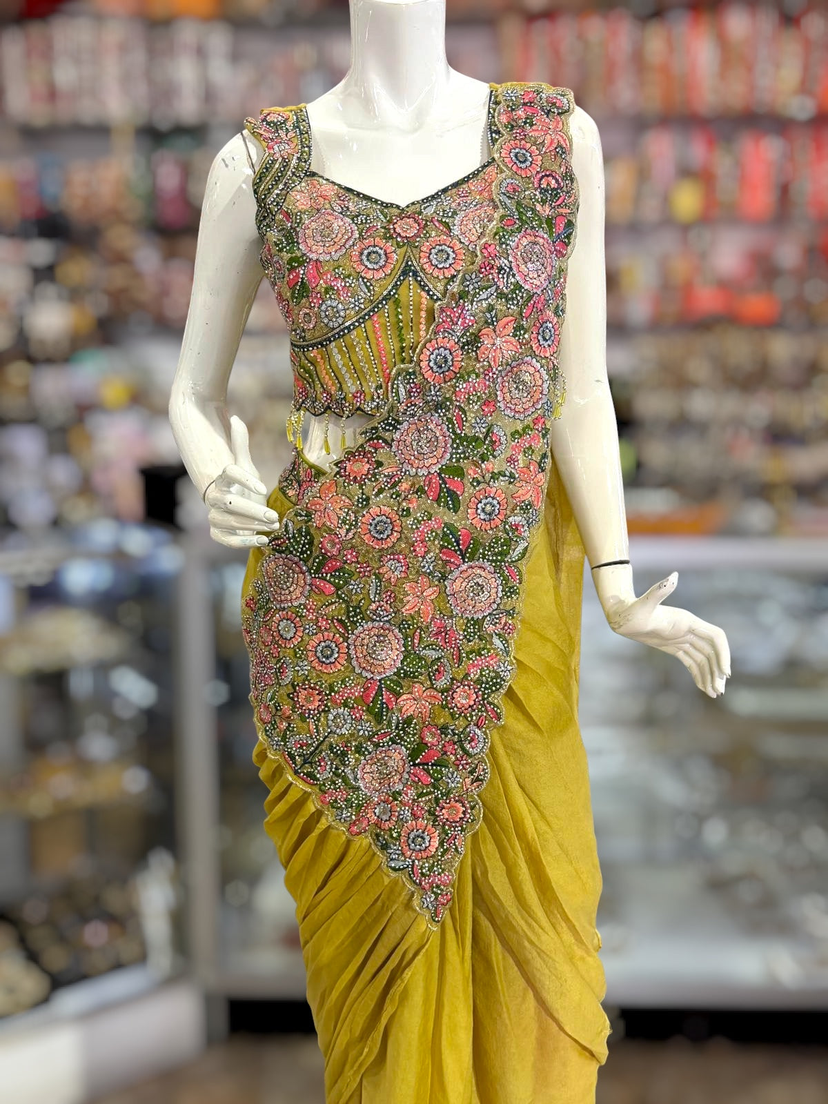 Beautiful Parrot Green with Multi Thread and store work ready to wear saree