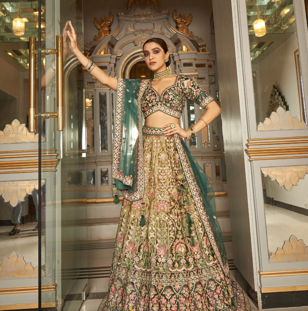 Rama Green color contrast fully both side work embroidered & hand work  Lehenga