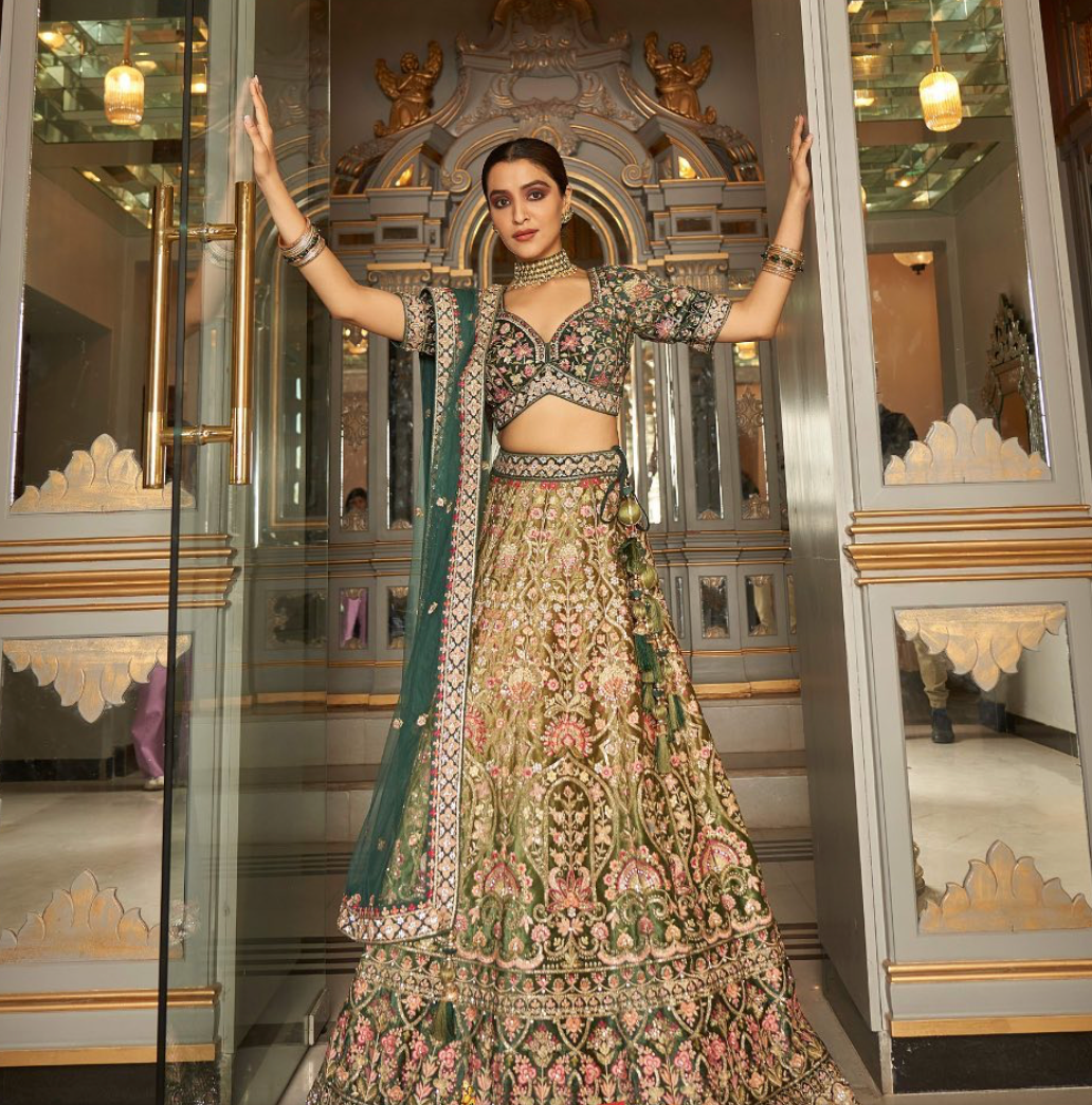 Rama Green color contrast fully both side work embroidered & hand work  Lehenga