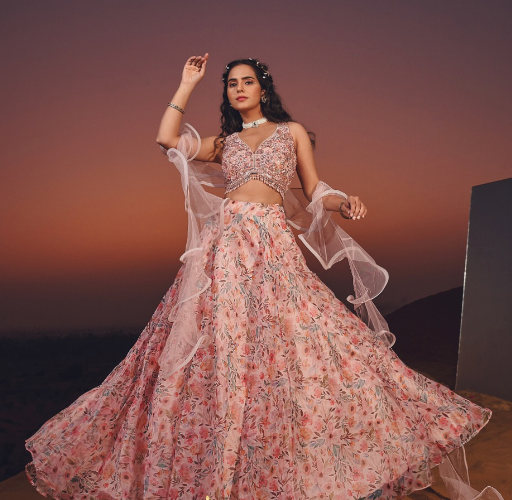 Peach color contrast fully both side work embroidered & hand work  Lehenga