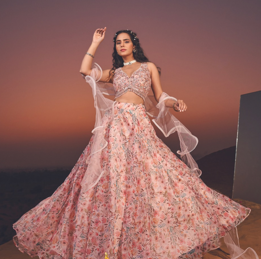 Peach color contrast fully both side work embroidered & hand work  Lehenga