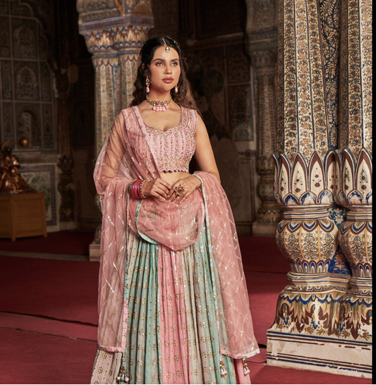 Baby Pink & Light Blue color contrast fully both side work embroidered & hand work  Lehenga