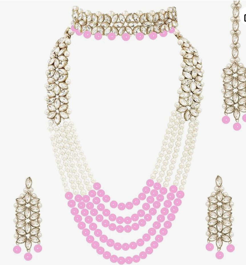 Jewelry Set, white & pink  Pearls Necklace with small choker  Earrings, Indian Wedding Style (Copy) (Copy)