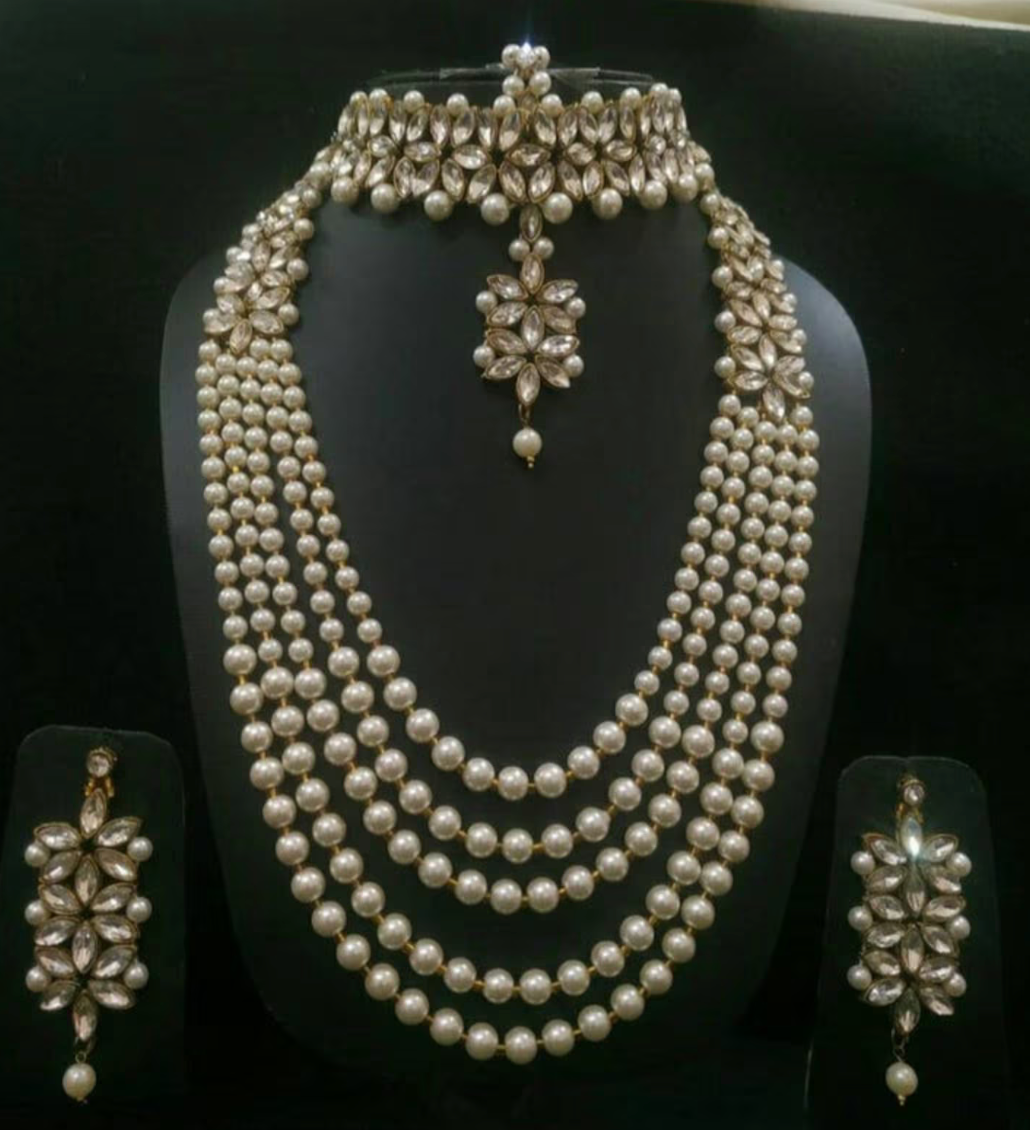 Jewelry Set, white  Pearls Necklace with small choker  Earrings, Indian Wedding Style (Copy)