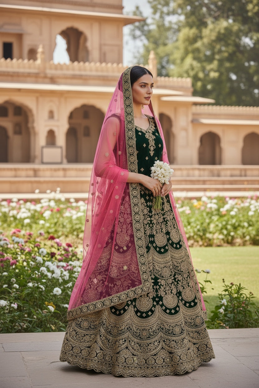 Beautiful bridal lehenga in Dark Green color
