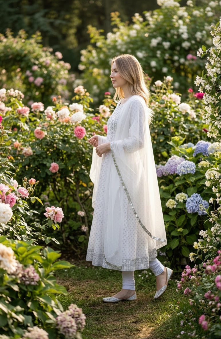 White color anarkali suit with straight pants