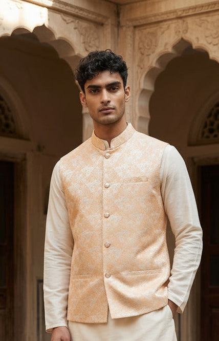 Designer light peach color Modi Nehru Jacket For Men | vest Coat | Jacket for kurta