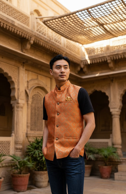 Designer  orange  Modi Nehru Jacket For Men | vest Coat | Jacket for kurta