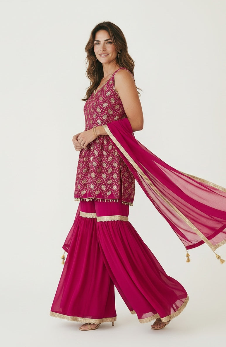 Hot Pink color sequin top with  sharara pant