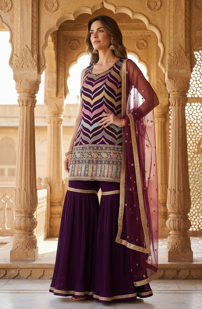 Purple color Multi thread sequin top with sharara pant