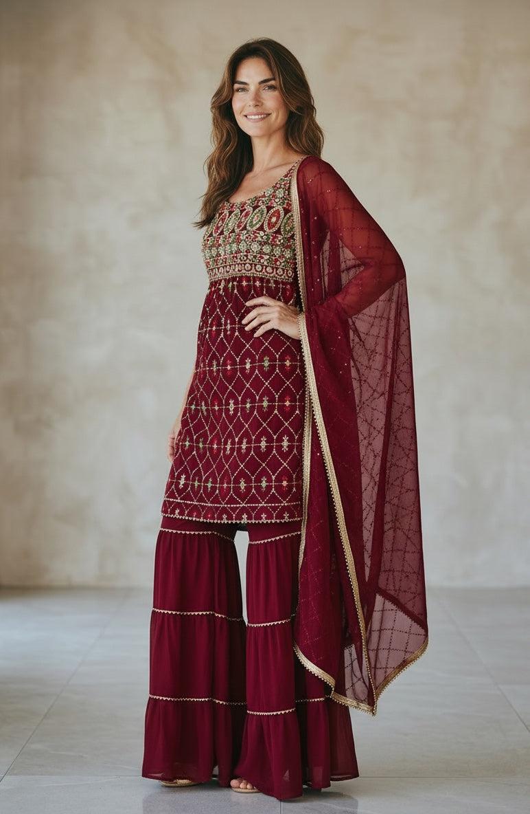 Mehroon color sequin top with  sharara pant