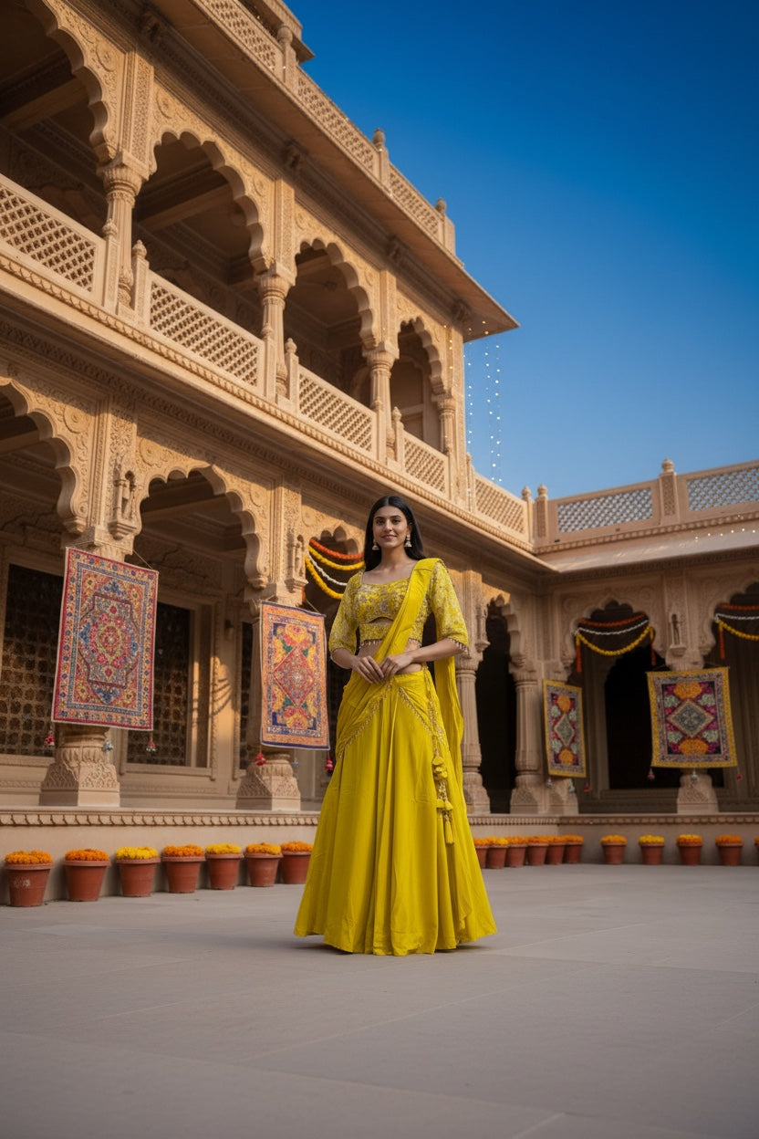 Yellow color crop top Lehenga with attach Dupata