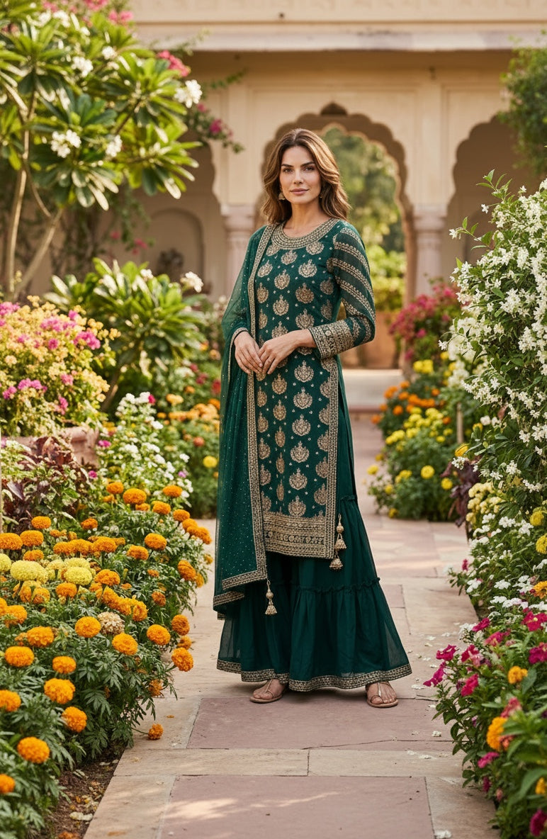 Green color big flair sharara pant with full sleeve long top