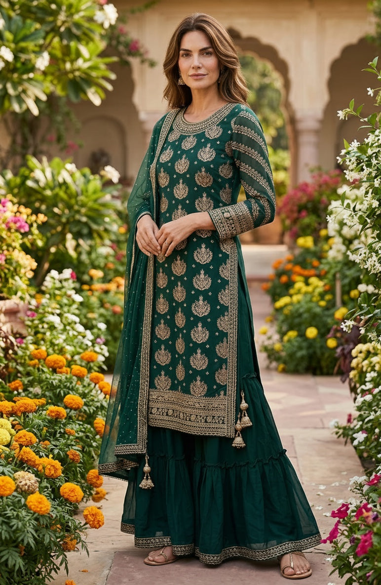 Green color big flair sharara pant with full sleeve long top