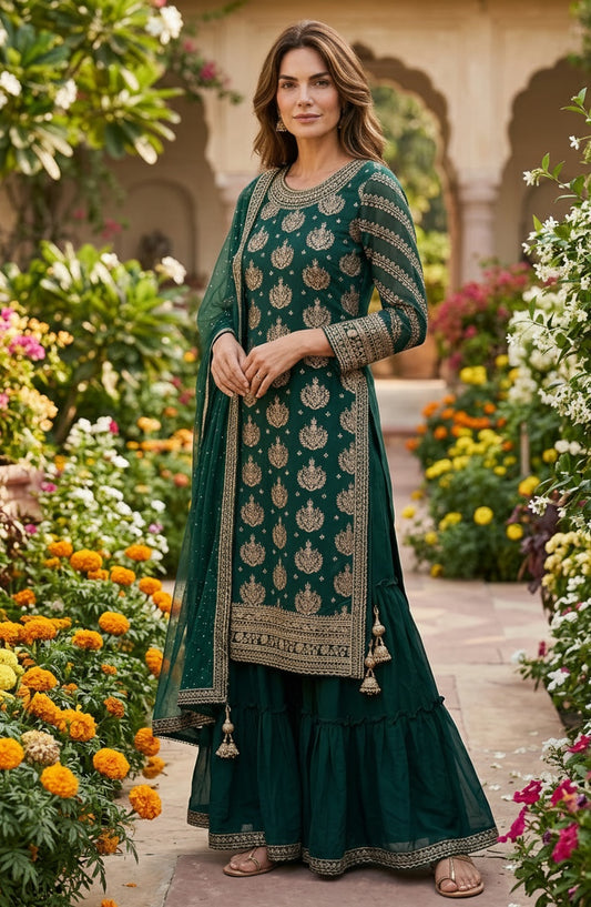Green color big flair sharara pant with full sleeve long top