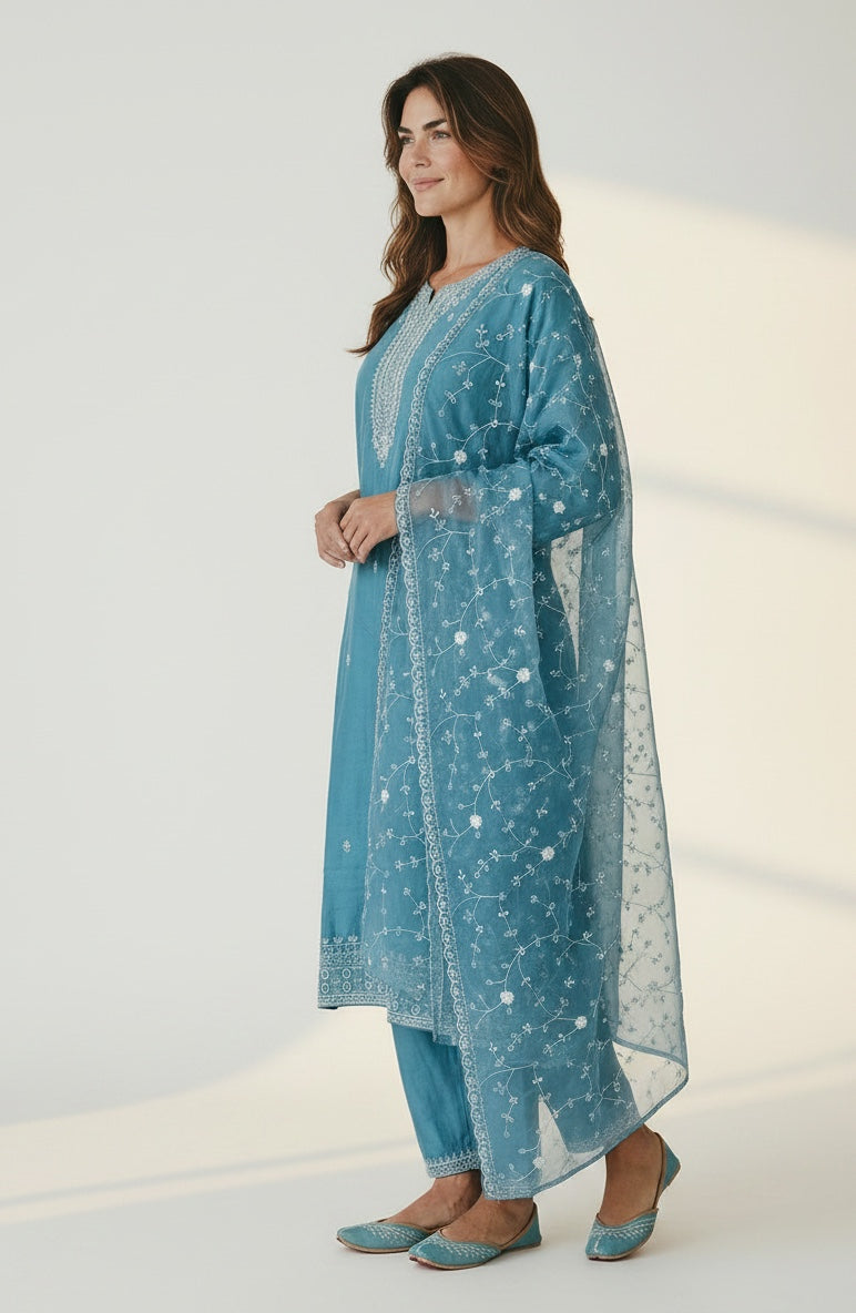 Beautiful Baby blue strait suit with matching fully work Dupata