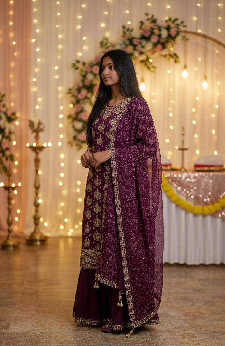 Purple color big flair sharara pant with full sleeve long top