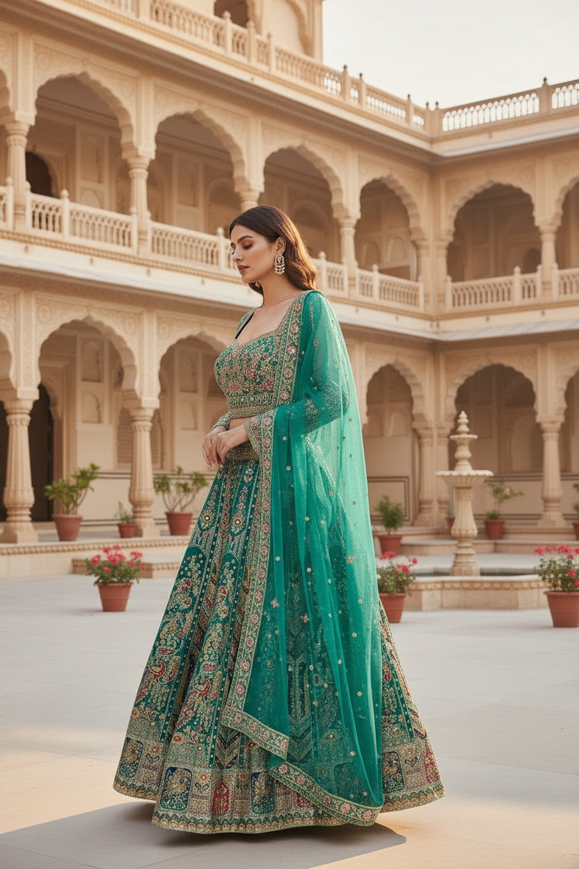 Green color Banarsi crop top Lehenga
