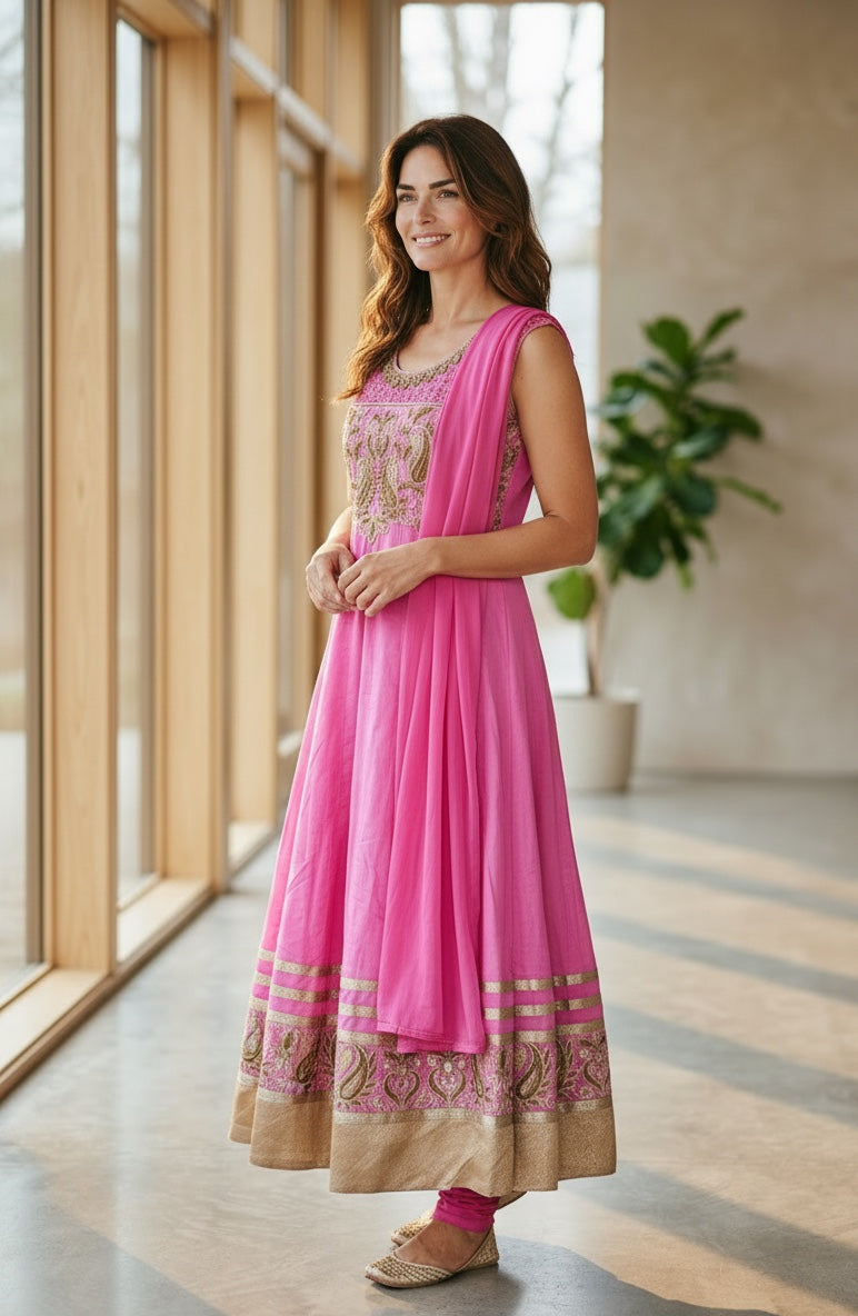 Pink anarkali with hand work touch on the top