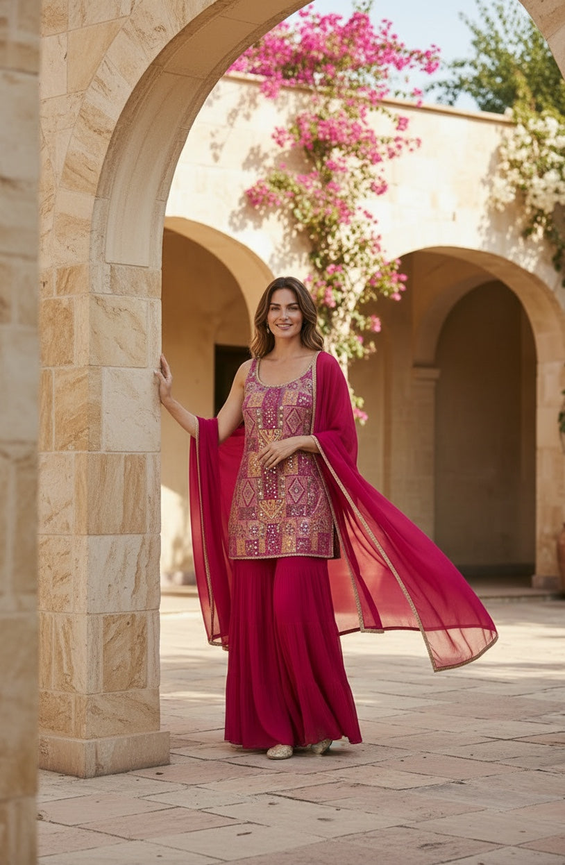 Magenta color  Strap top with big flair sharara pant