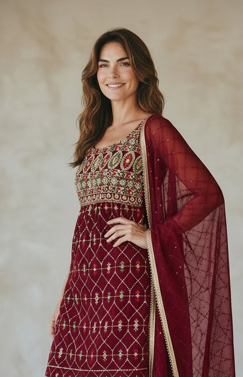 Mehroon color sequin top with  sharara pant