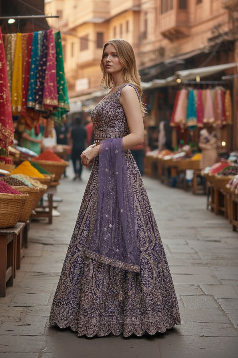 Purple color mirror work Bridal lehenga