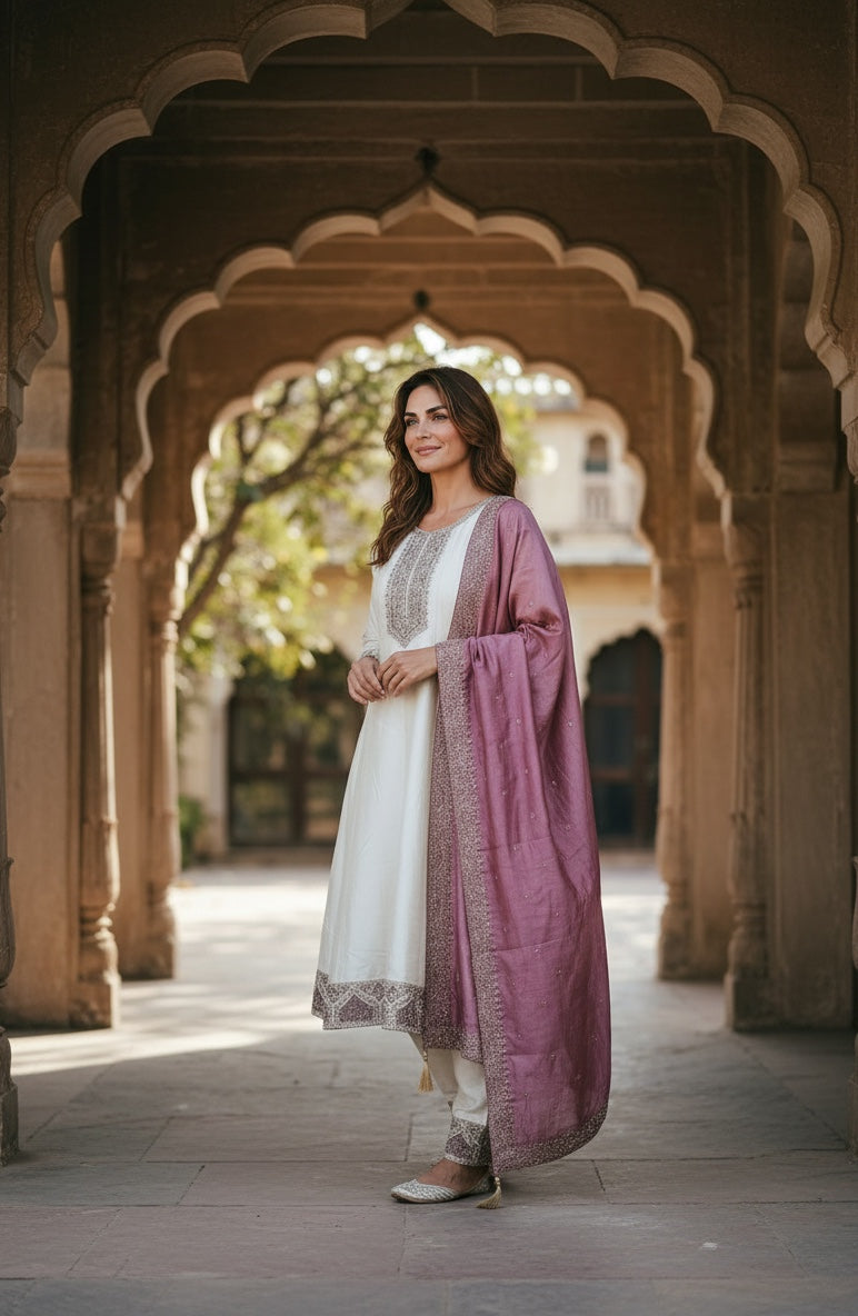 Beautiful cream anarkali with matching fully work Dupata