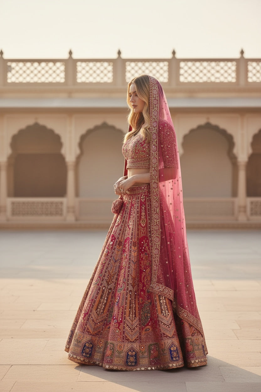 Magenta color Banarsi crop top Lehenga