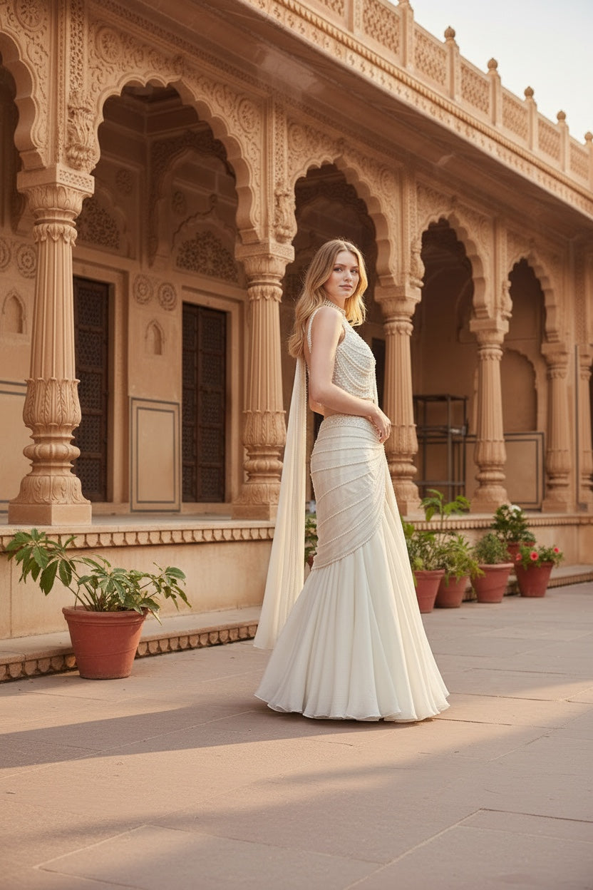 Ivory color georgette pearl work Bridal saree/lehenga