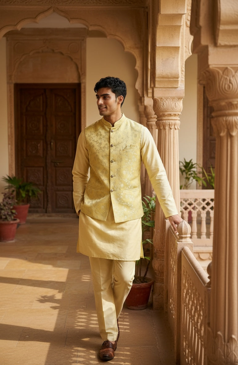 Designer Light yellow color Modi Nehru Jacket For Men | vest Coat | Jacket for kurta